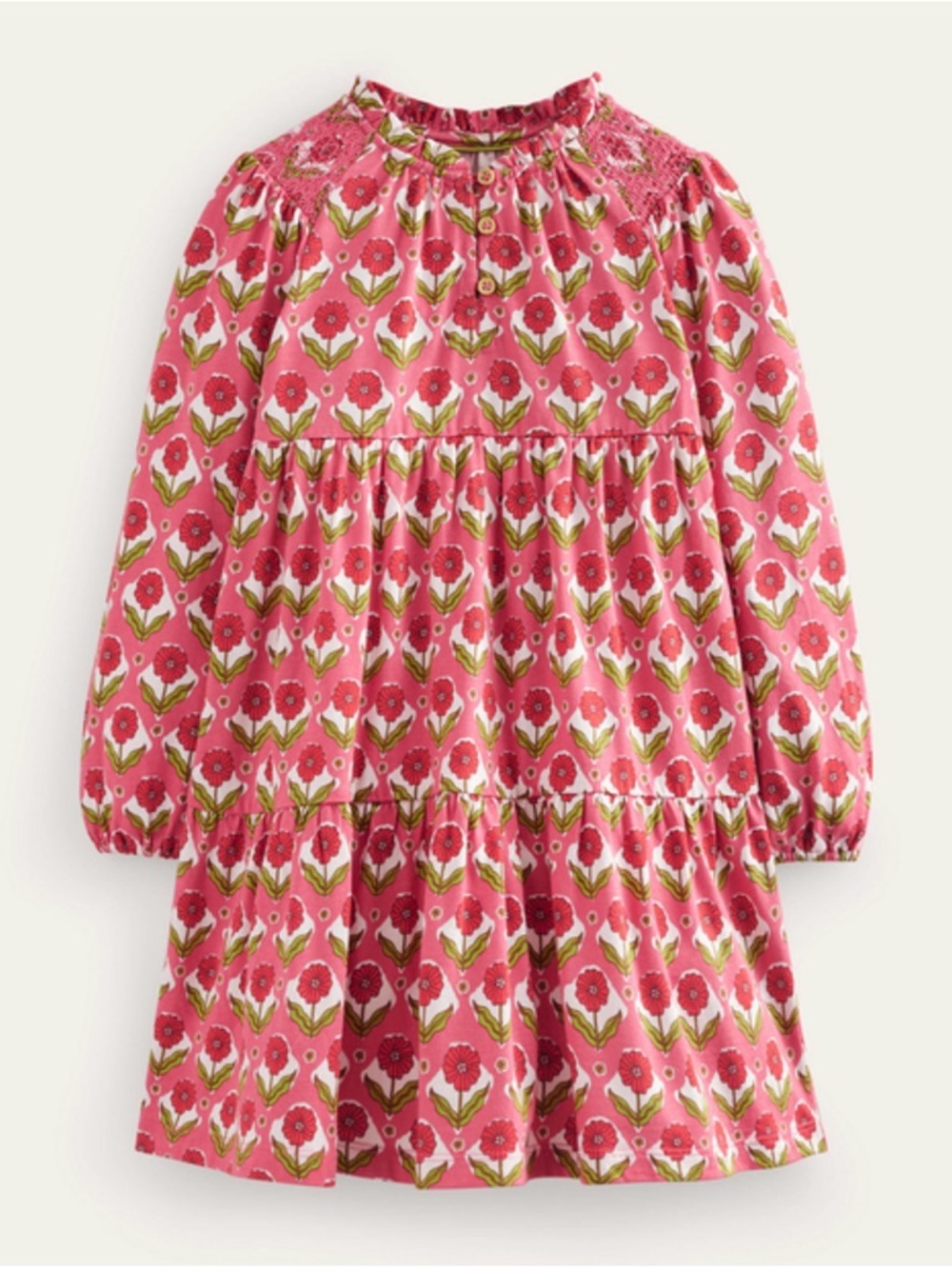 Mini Boden Coral Pink Floral Tiered Jersey Smocked French Garden Dress Size 12